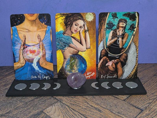 Moon Phase Tarot Card Holder – Holds 3 Cards + Crystal Space