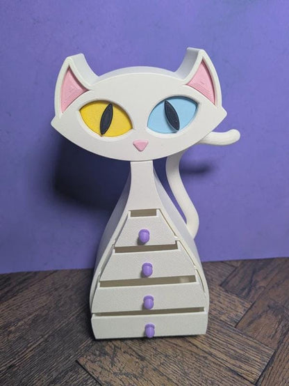 White Cat Drawers – Blue & Yellow Heterochromia Eyes