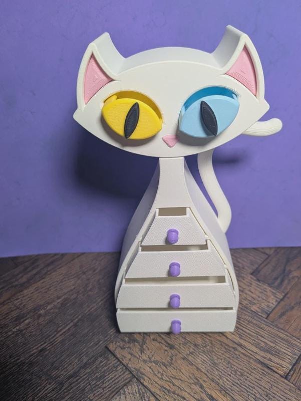 White Cat Drawers – Blue & Yellow Heterochromia Eyes